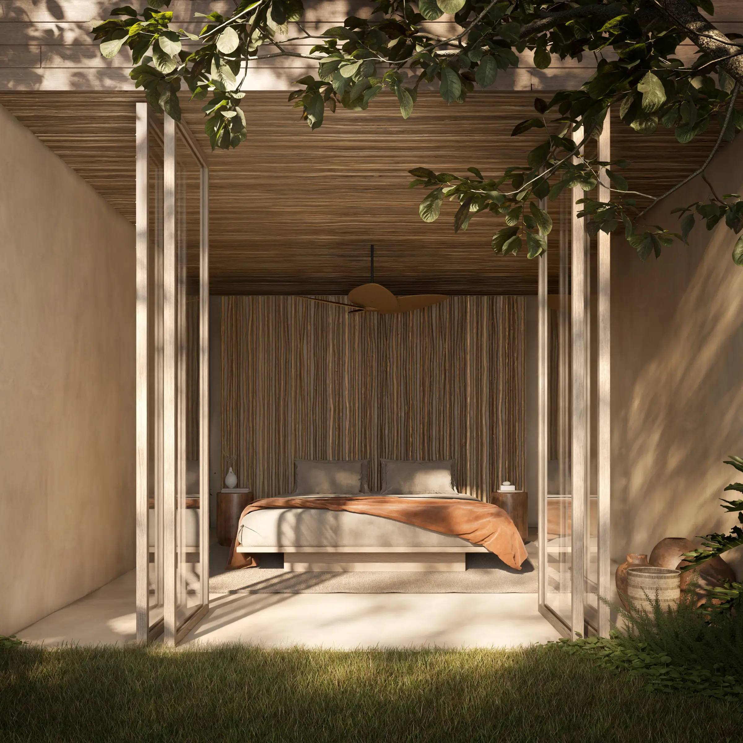 Suíte do A Mata aberta para o jardim, com cama de madeira e teto de palha