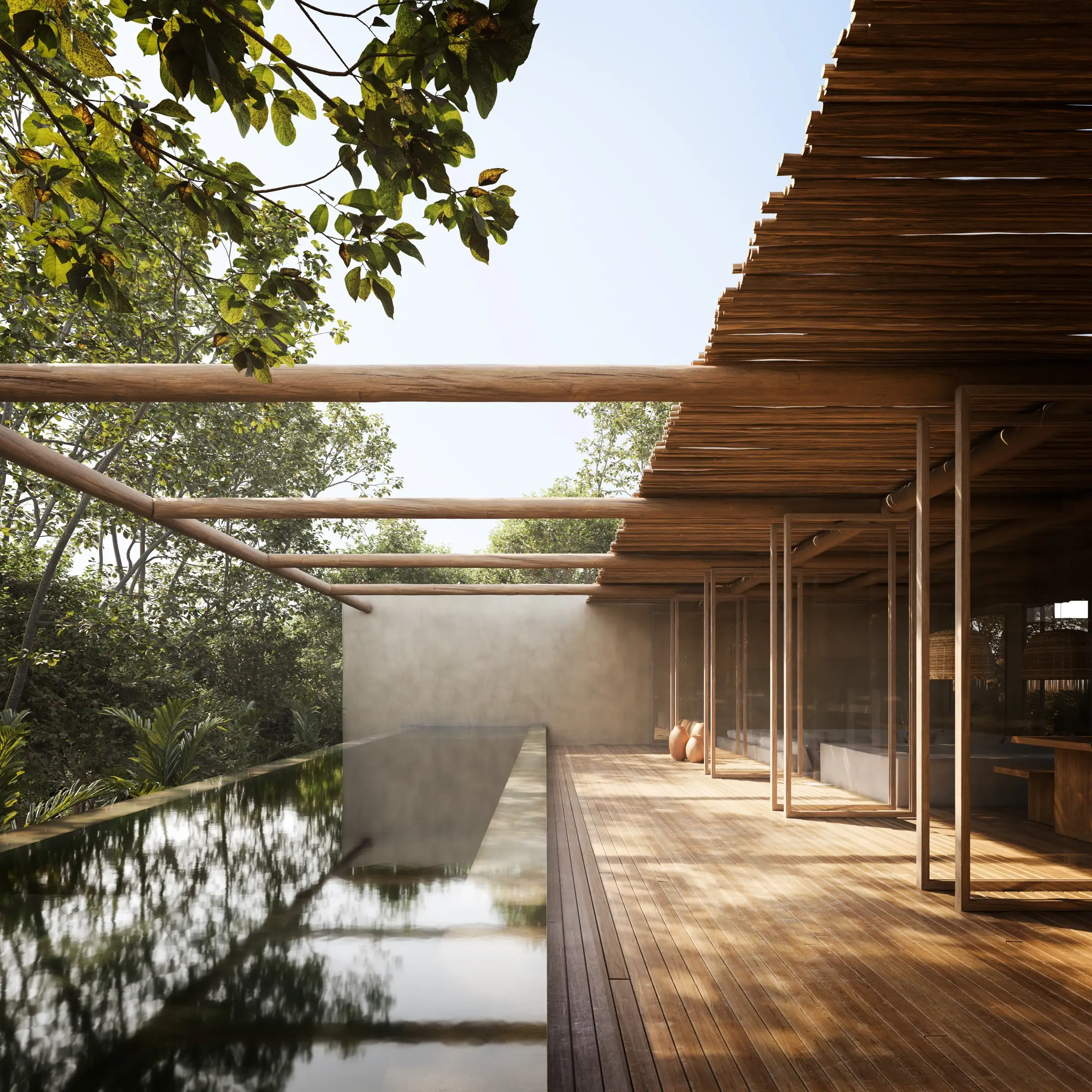 Piscina do A Mata sob pergolado de madeira, com deck e parede de concreto