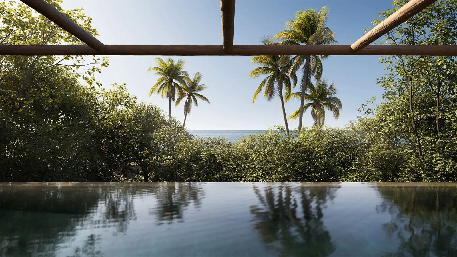 Piscina com borda infinita do A Mata, coqueiros e mar vistos sob o pergolado