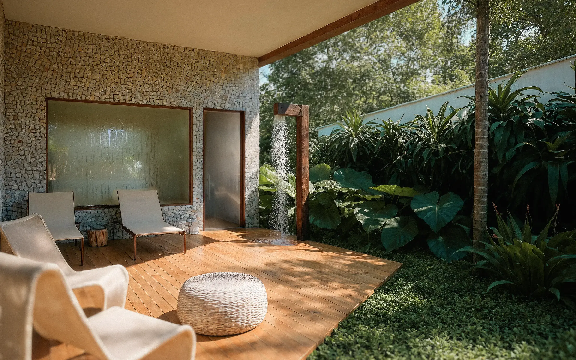 Azul sauna with white loungers on the deck and a tropical garden