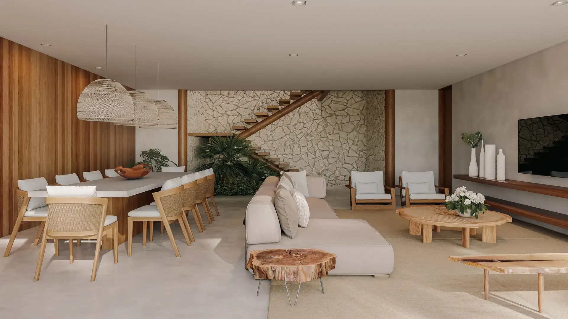 Open living space in neutral tones, with wood and plants.