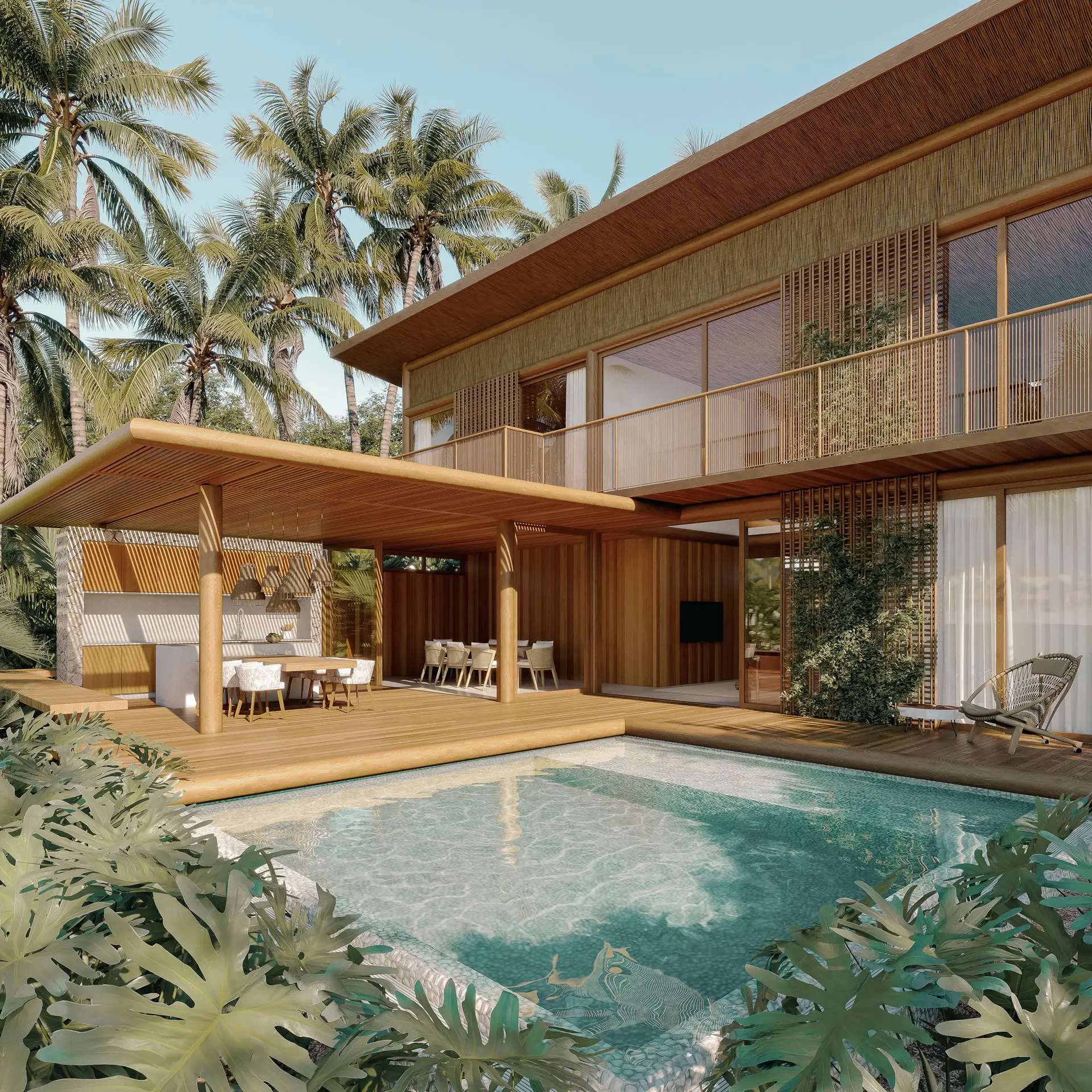 Brisa house in wood, with a covered veranda and pool among palm trees