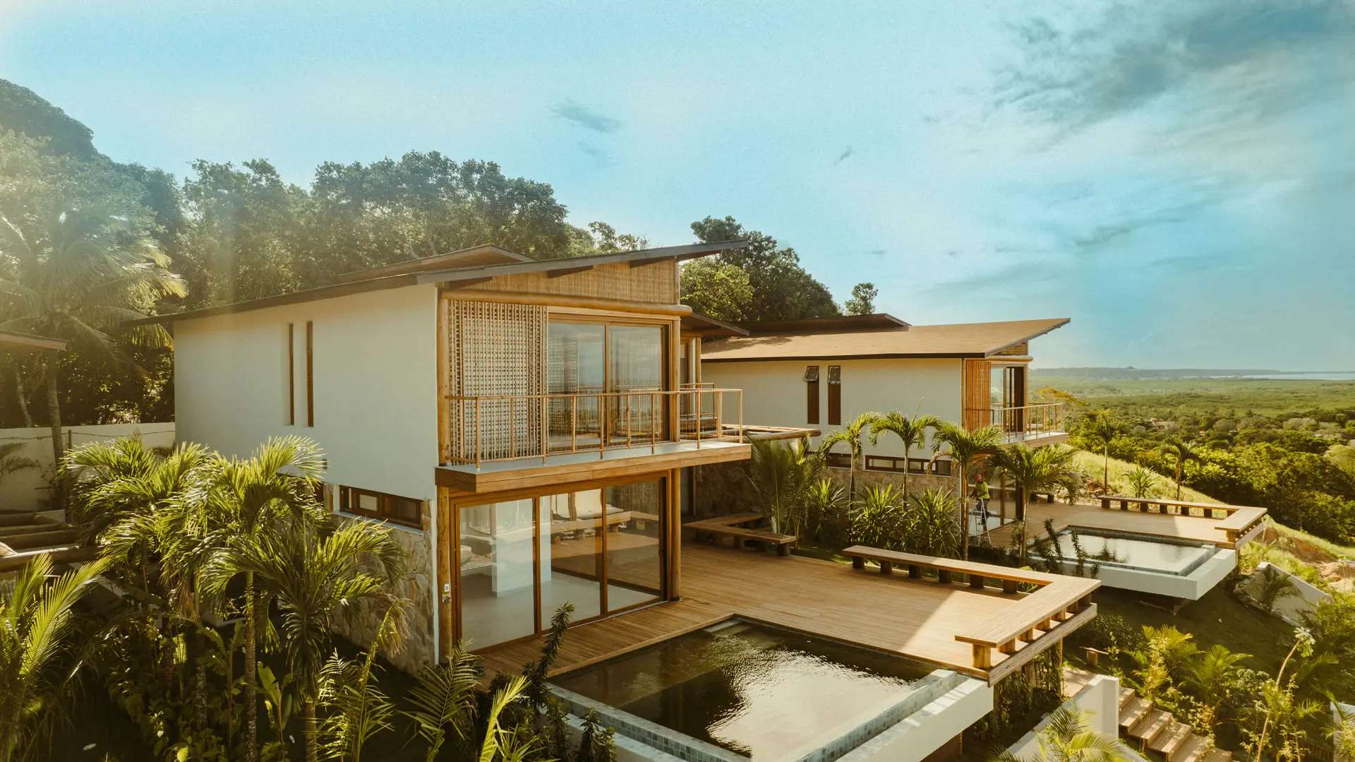 Aerial view of a delivered house among palm trees, with a pool and the sea behind