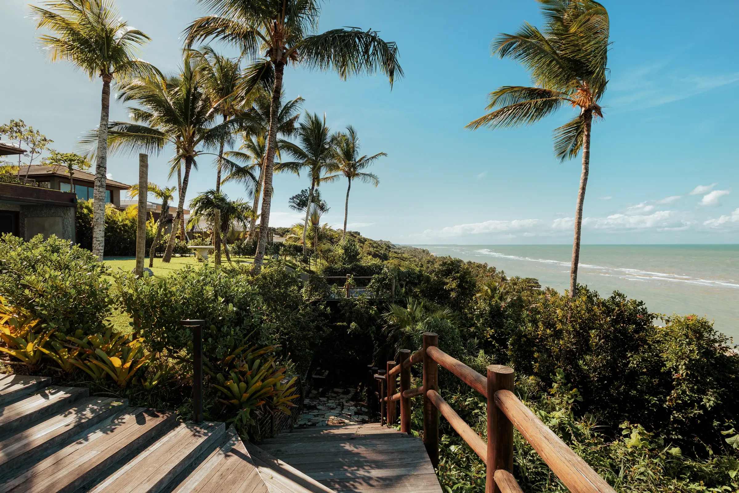 Wooden walkway among palm trees leading to the beach, at Falésia
