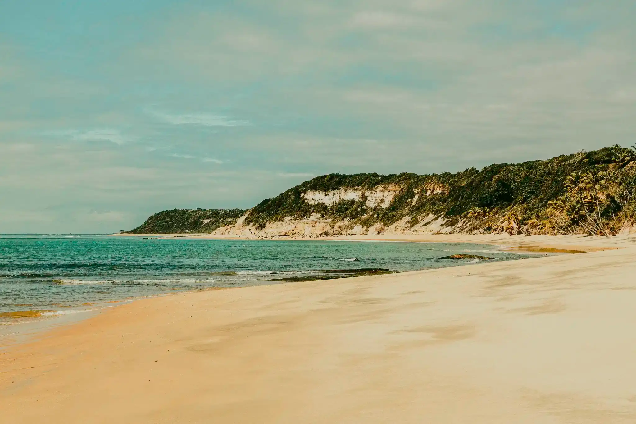 Praia deserta com falésias claras ao fundo, mar calmo