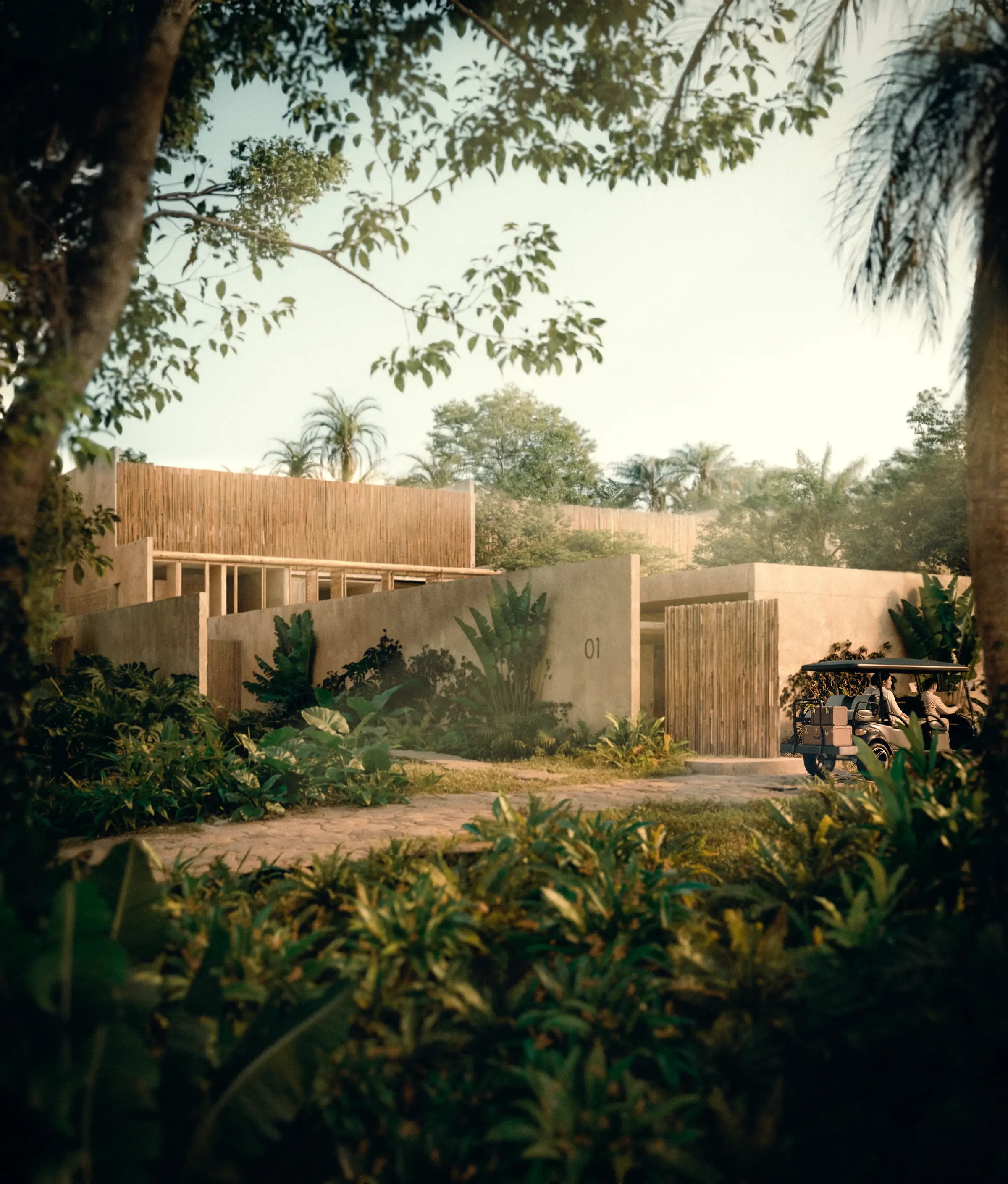 Entrance of an A Mata II house among vegetation, with an earthen wall and thatched gate