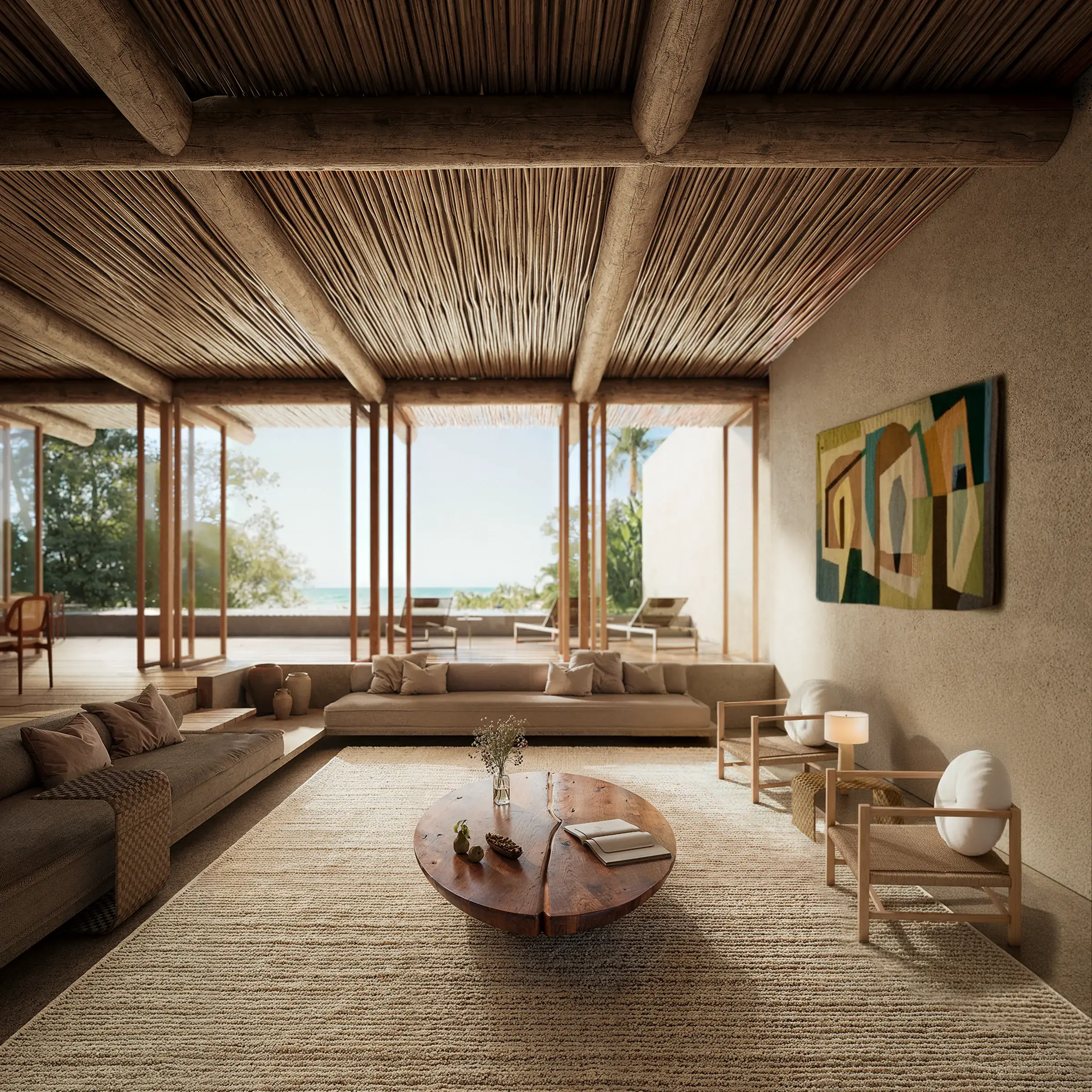 A Mata II living room with a thatched ceiling, L-shaped sofa and sea view