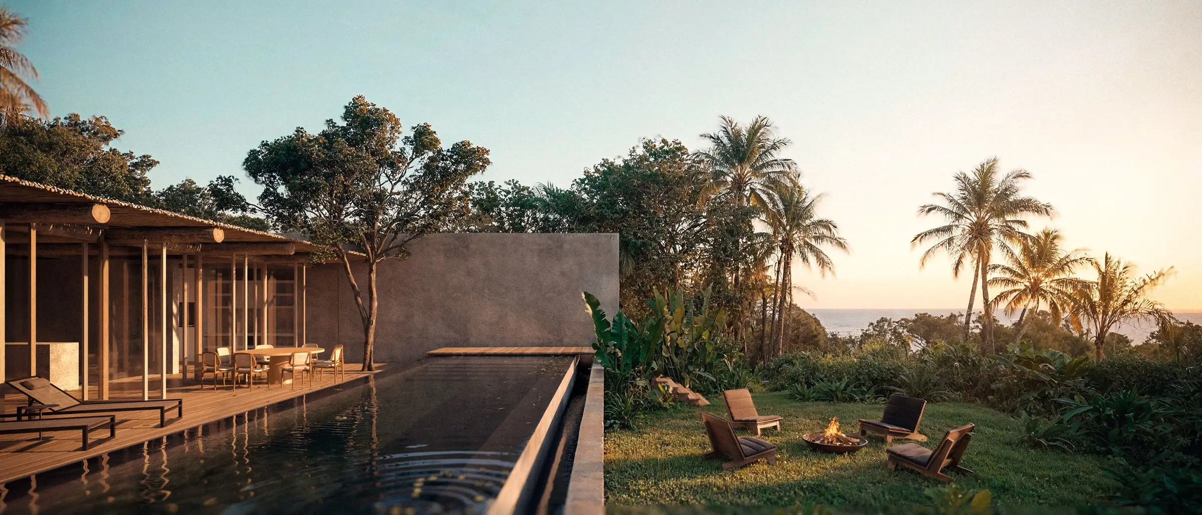 A Mata II deck with a pool and loungers at sunset