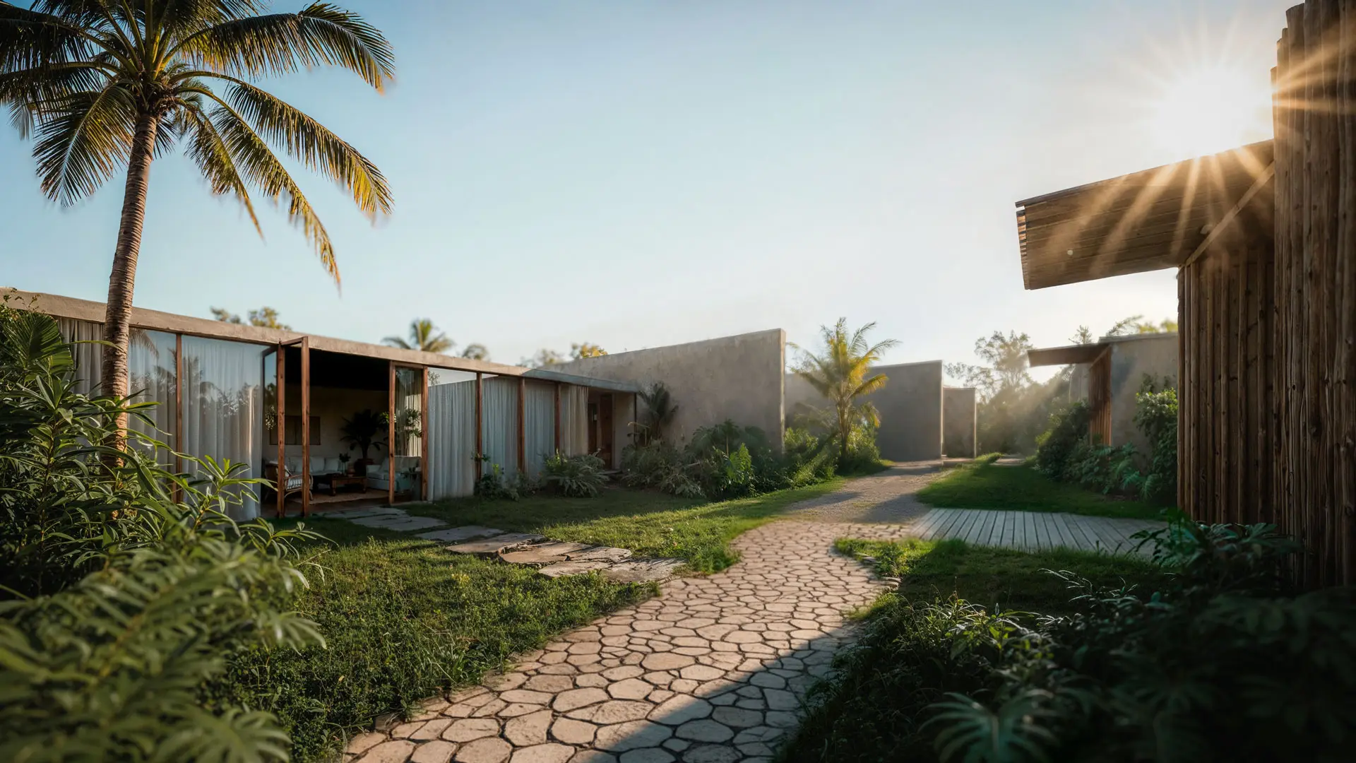 Stone path between the A Mata II houses, palm trees against the sun