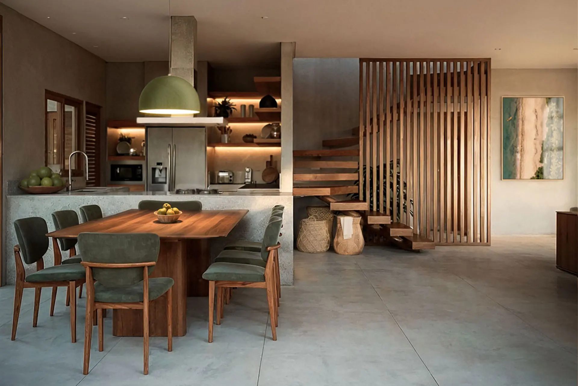 Kitchen and dining room of an Azul house, wooden counter and staircase behind