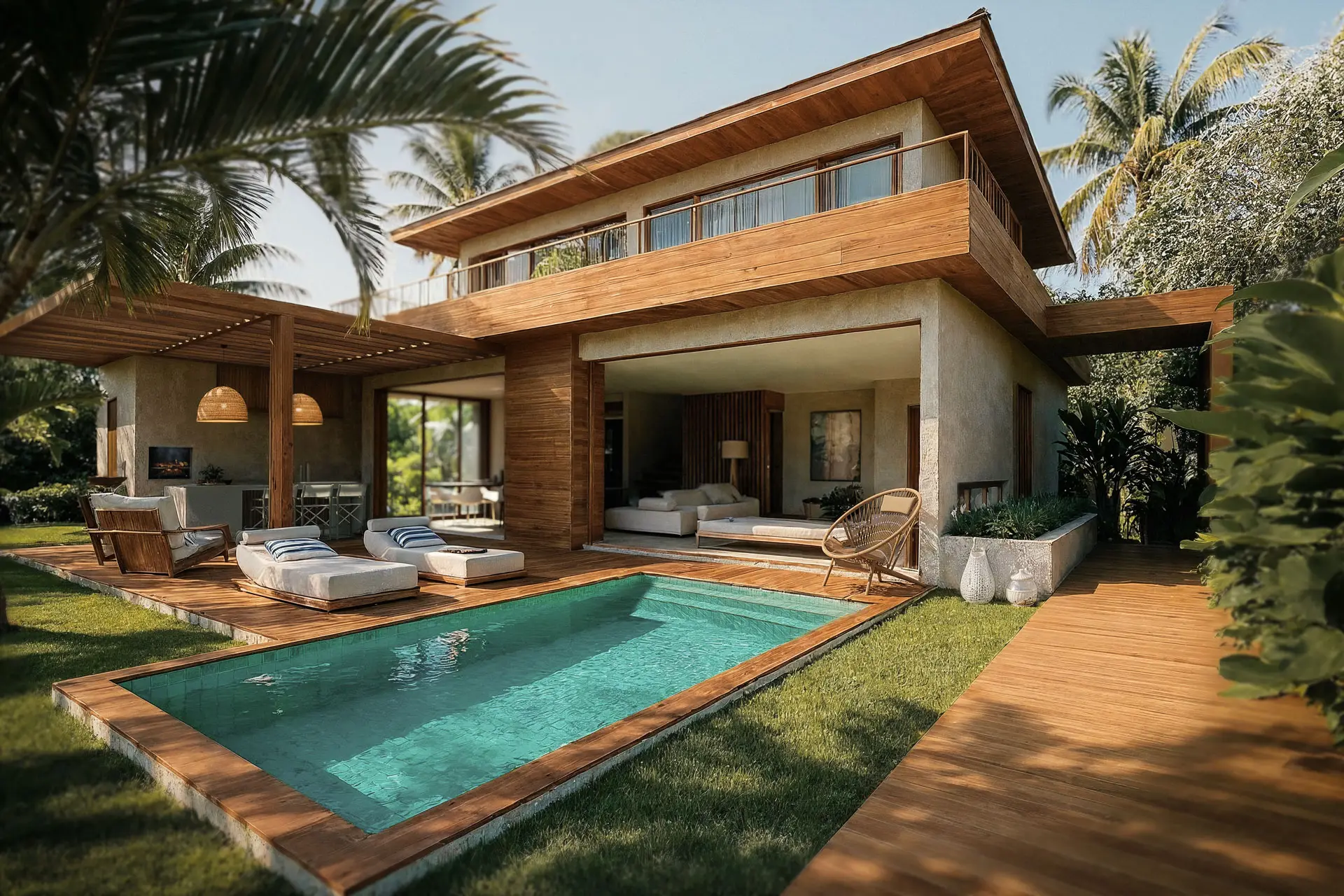 Azul House B with a pool, deck and a wood-and-stone facade