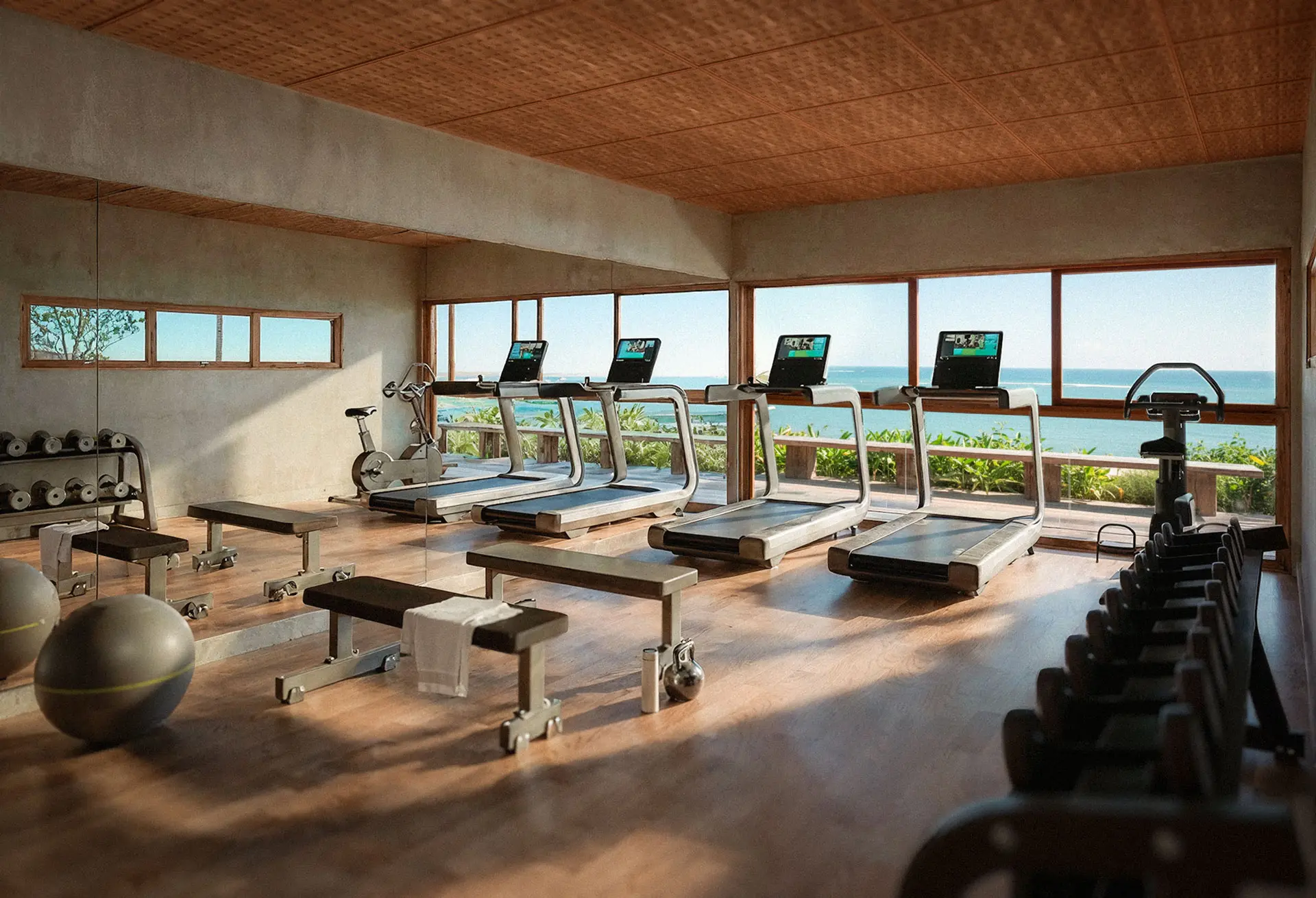 Vista gym with treadmills and weights in front of windows facing the sea