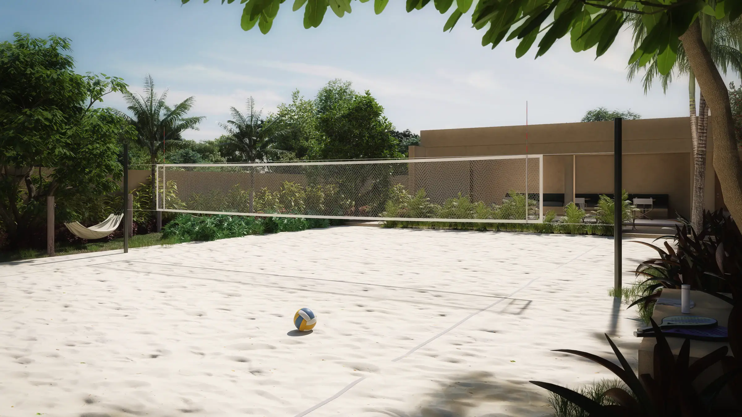 Sand court with a net and a ball, surrounded by plants and trees; a hammock on the left and a shaded lounge area behind.