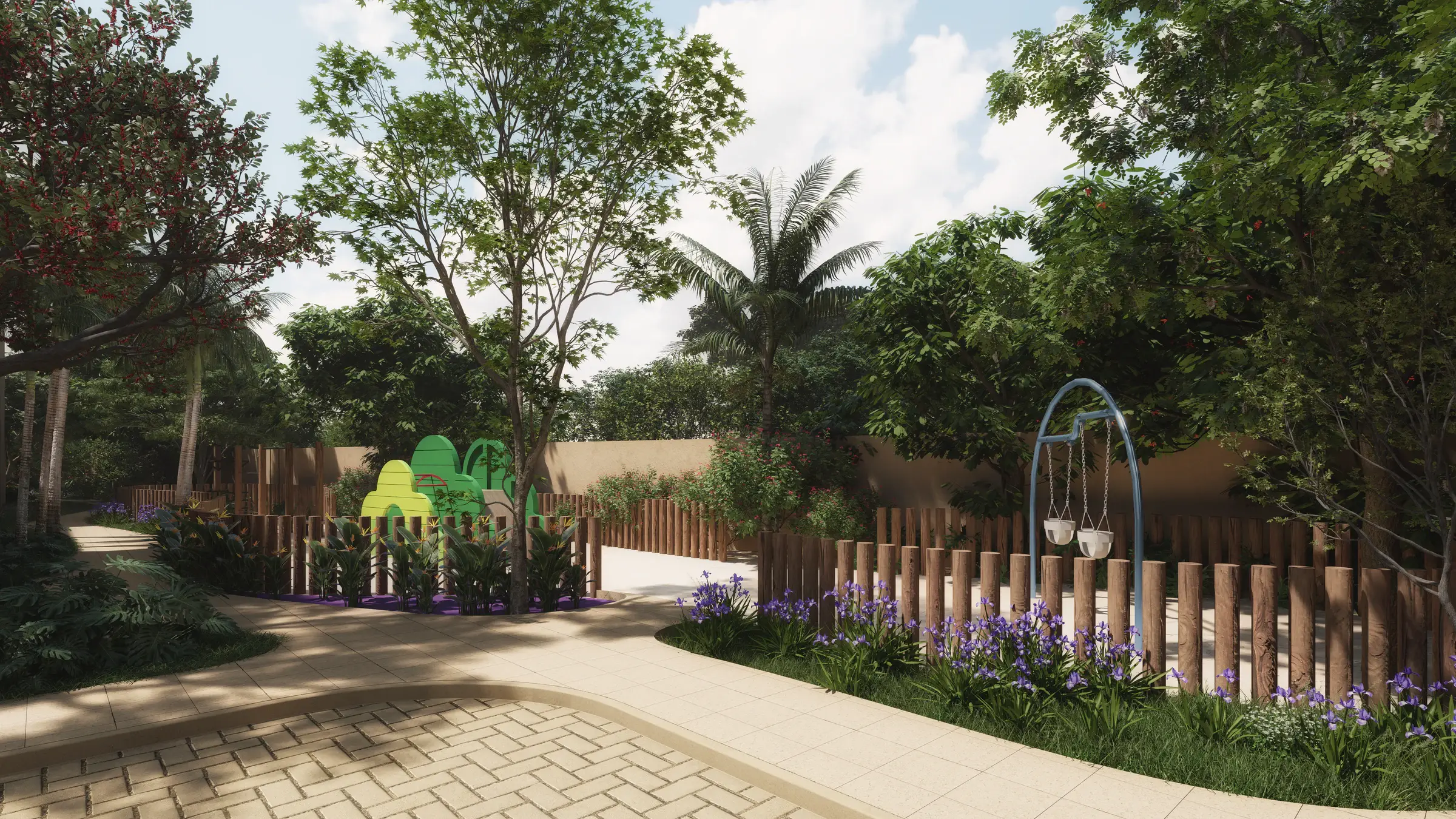 Planted garden with trees, flowering plants and wooden fencing, a playground with a slide and a blue swing, and a winding paved path.