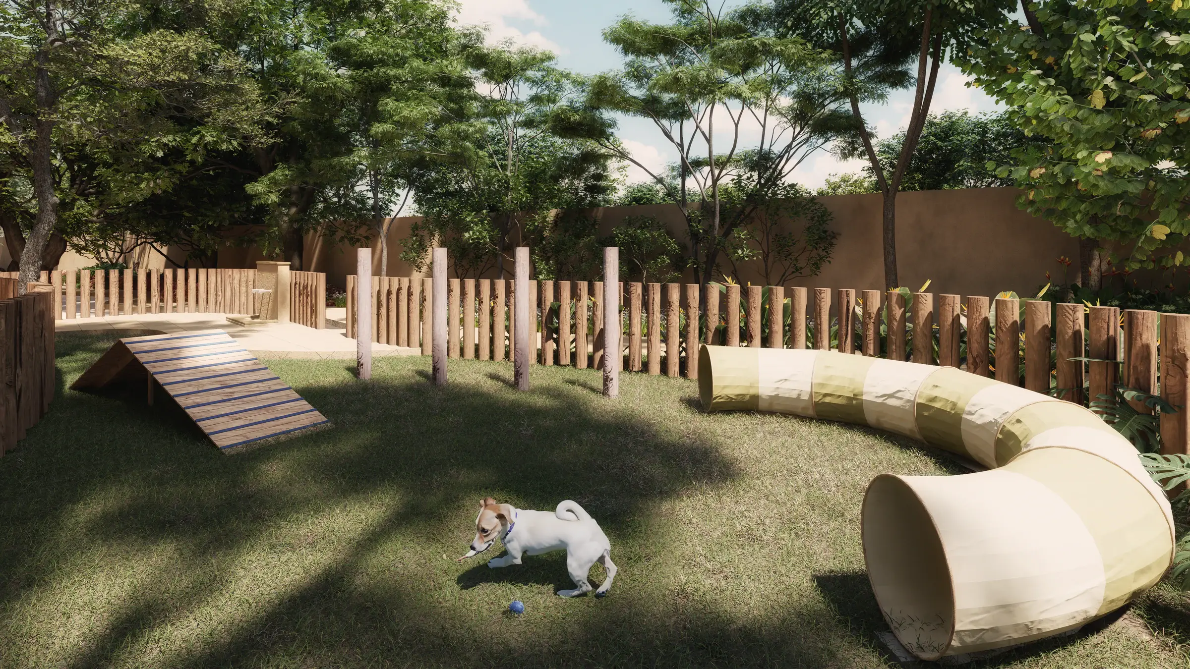 Fenced lawn with agility modules, tunnels and toys for pets; trees and shrubs give shade as sunlight comes through the branches.