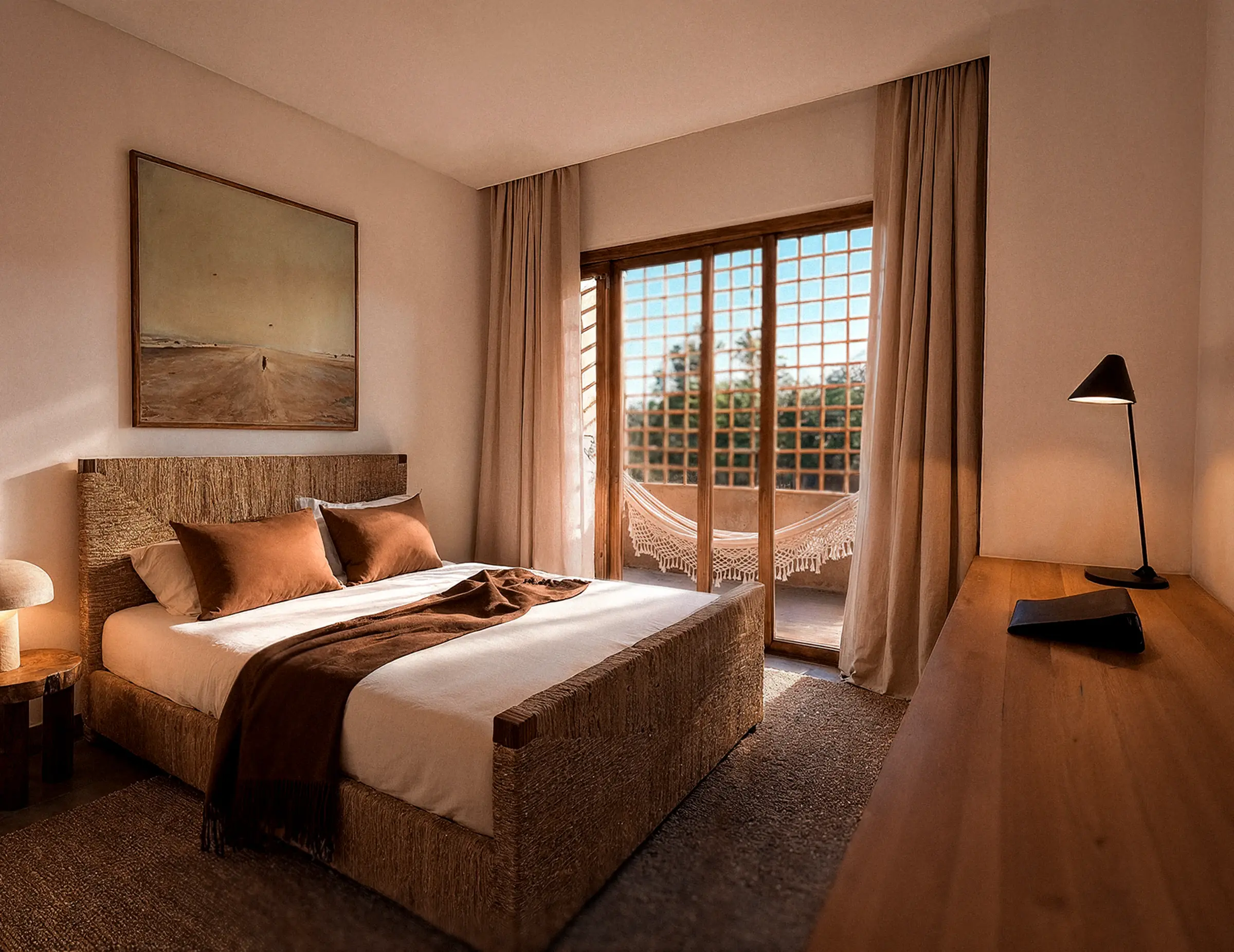 Vista suite with a wooden bed, hammock on the veranda and a reading lamp