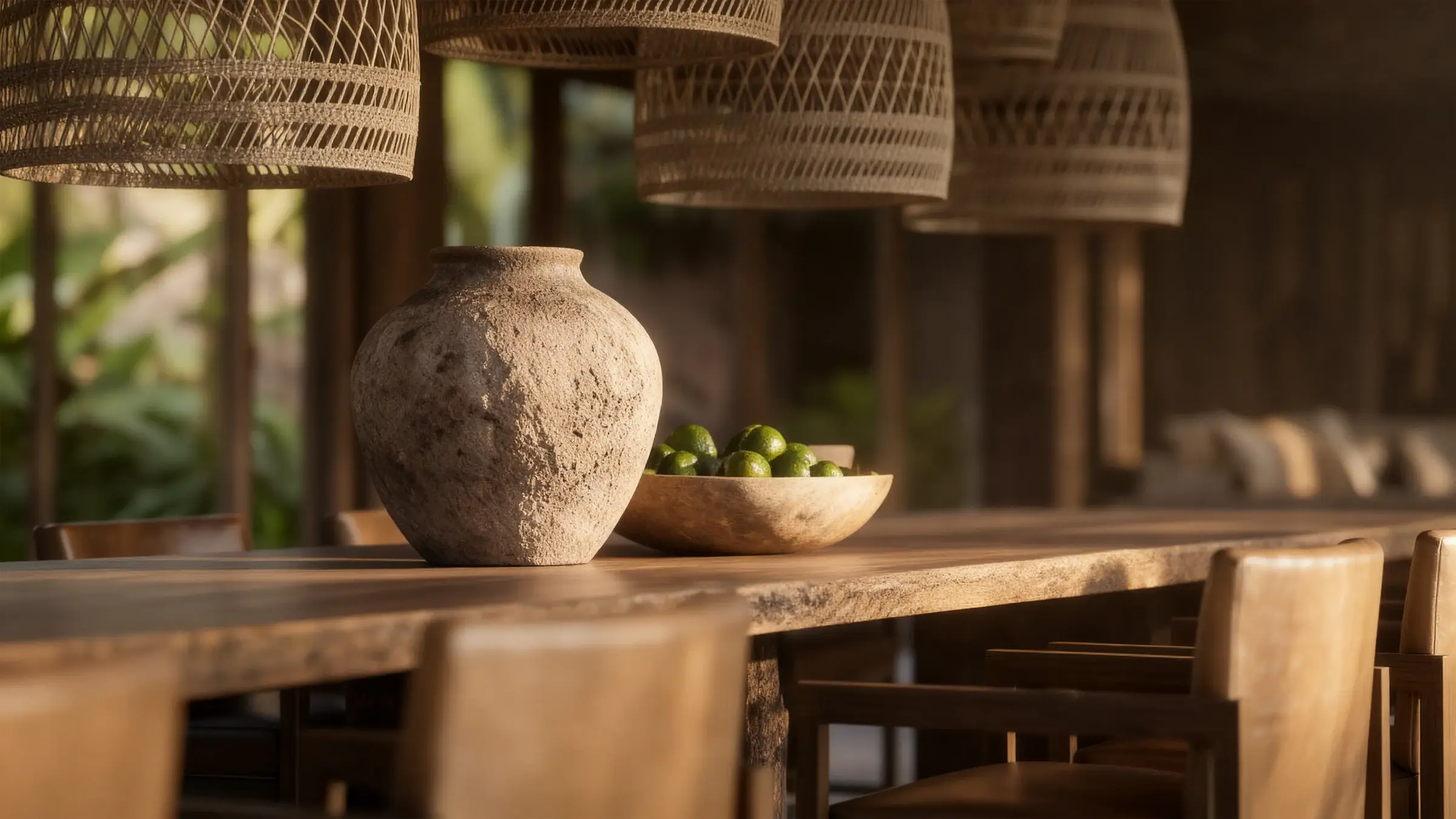 Solid wood dining table with a ceramic vase and natural-fiber pendant lamps, in a villa at A Mata in Trancoso, Bahia