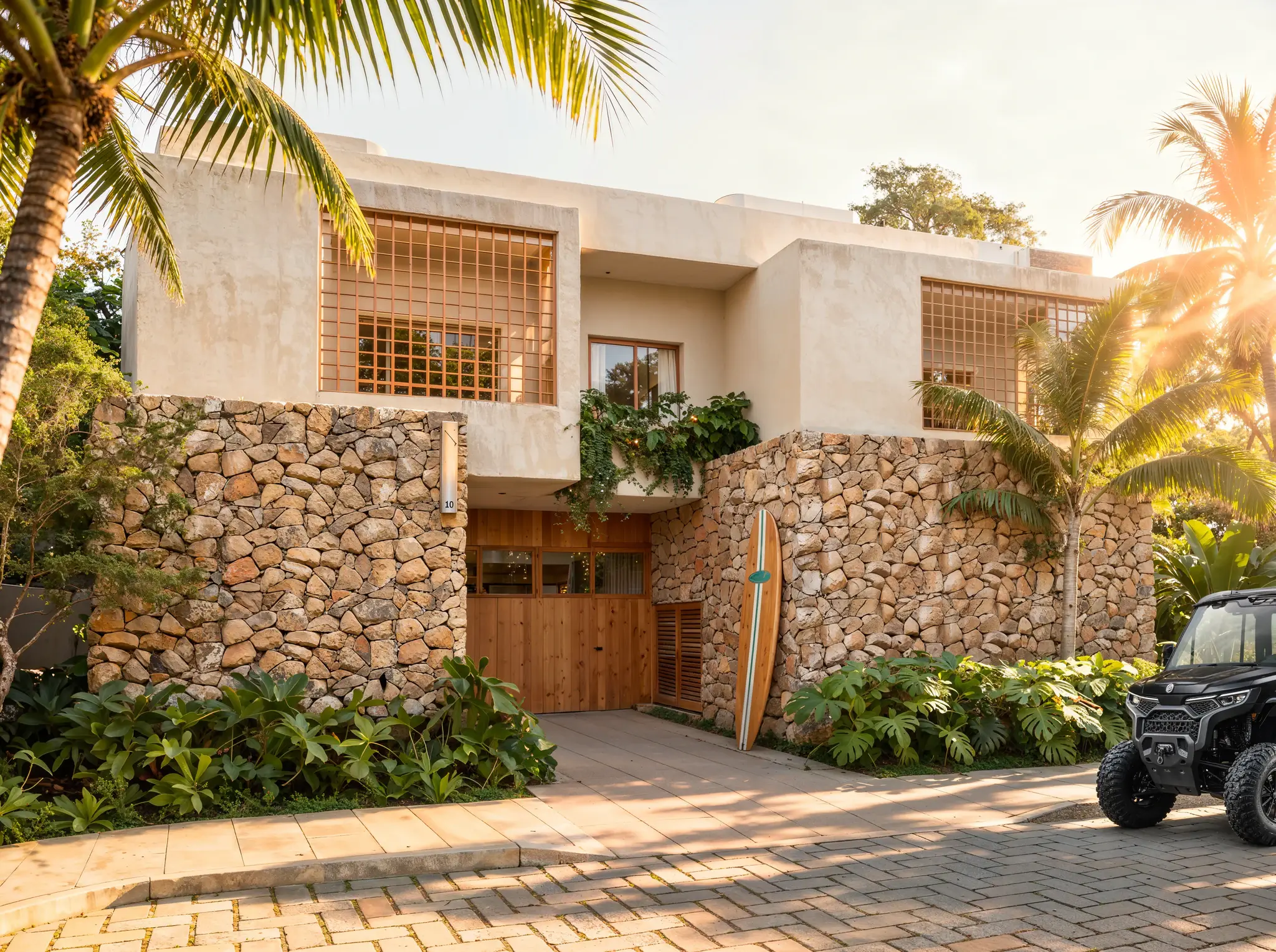 VISTA's façade, with a stone wall, a wooden gate and a surfboard leaning by the entrance