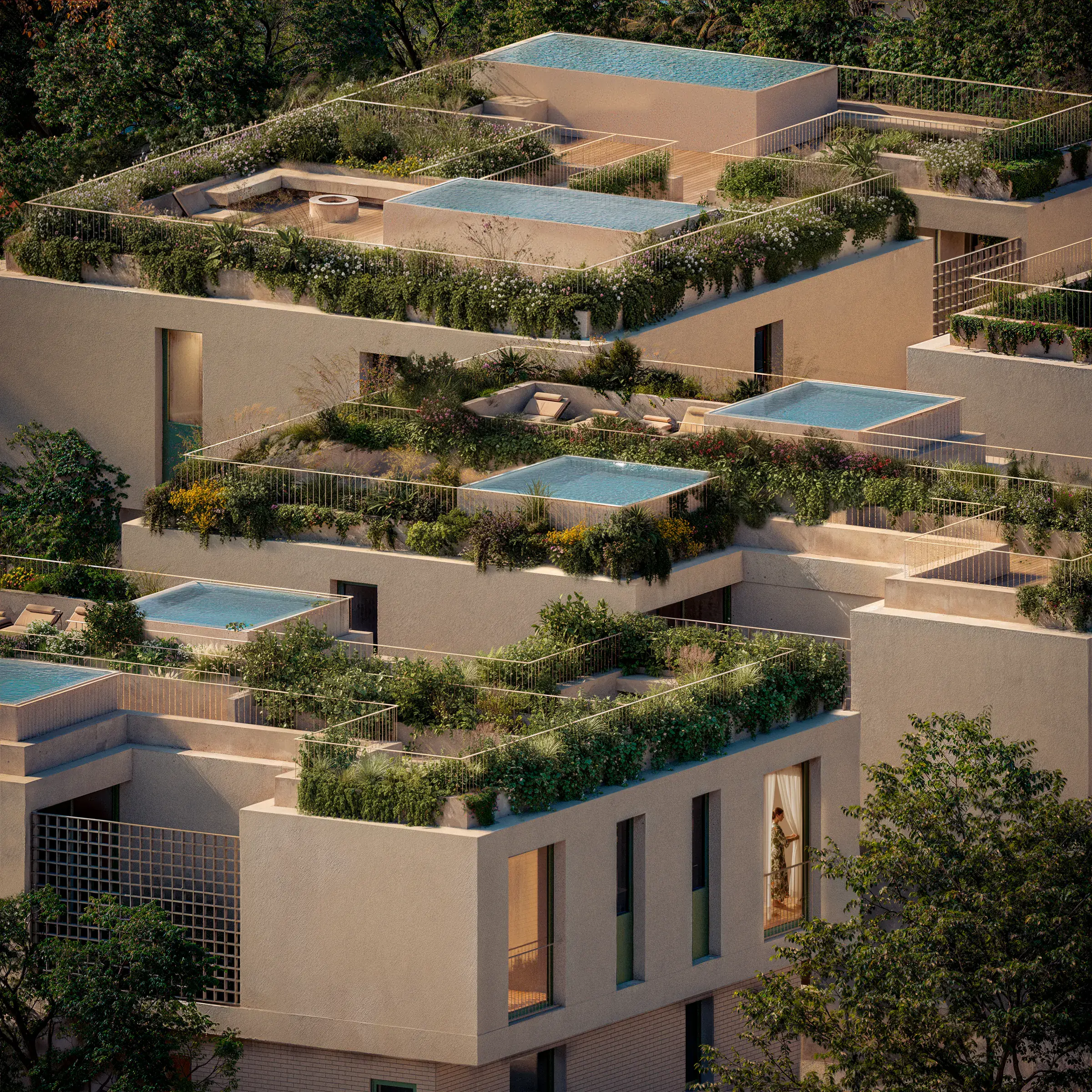 Vista aérea do Clara: terraços com piscinas e jardins escalonados