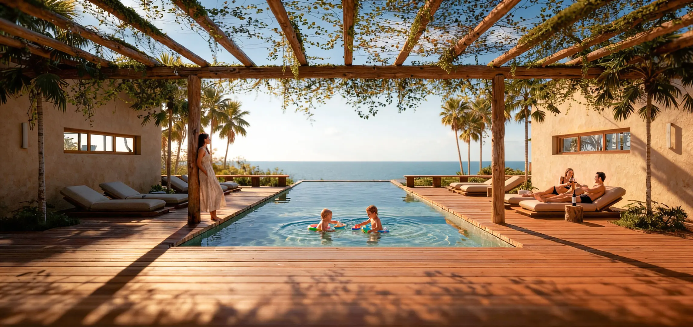 Vista pool under a pergola, children in the water and the sea behind