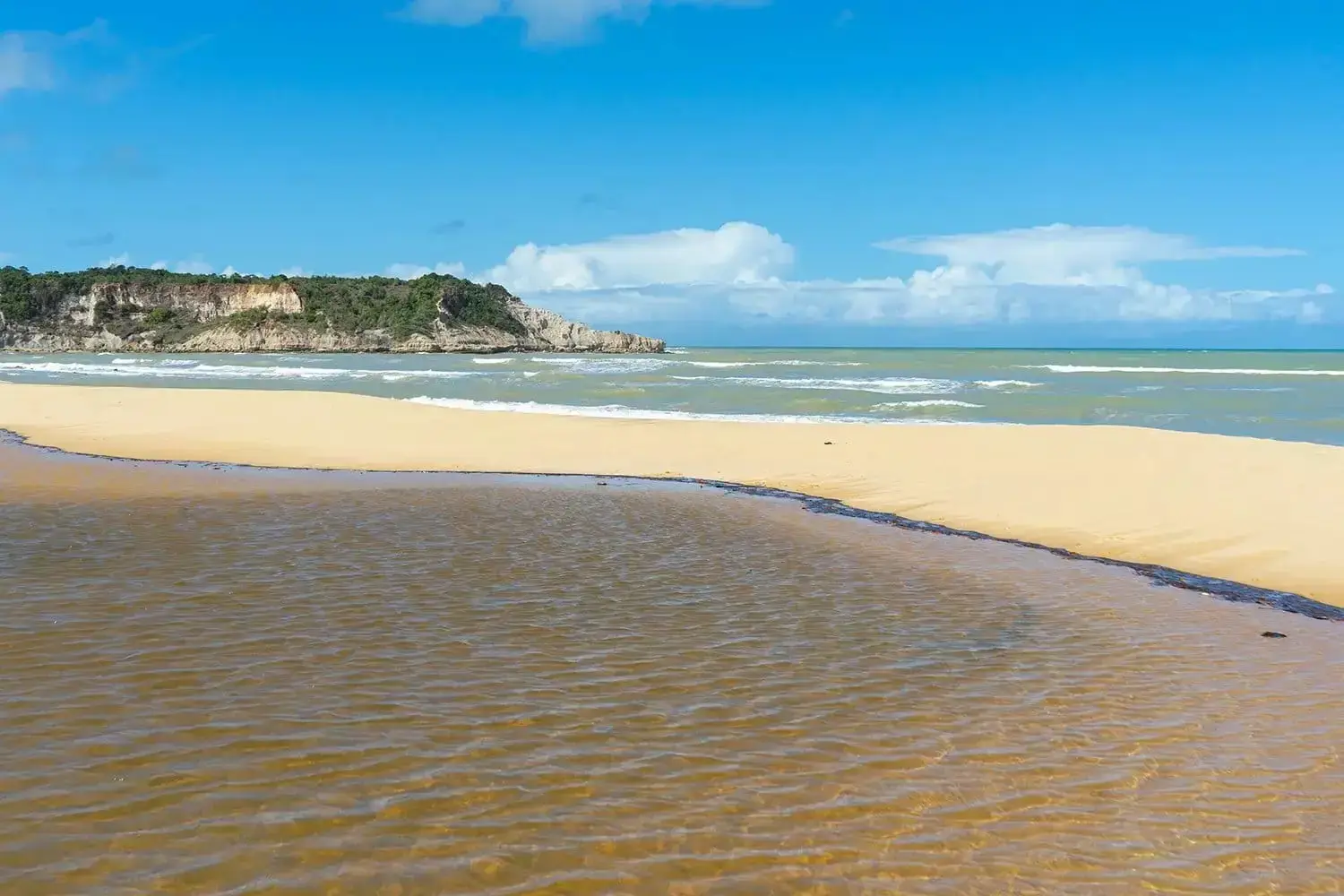 Encontro do rio com o mar na Praia do Satu, falésias ao fundo