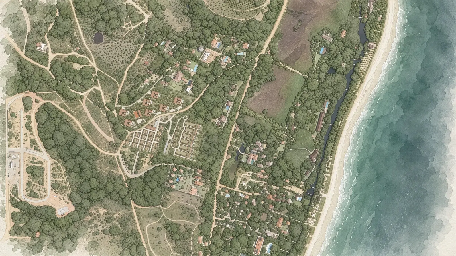 Vista aérea de Trancoso: o A Mata numa clareira de mata atlântica, entre estradas de terra e a faixa de praia.