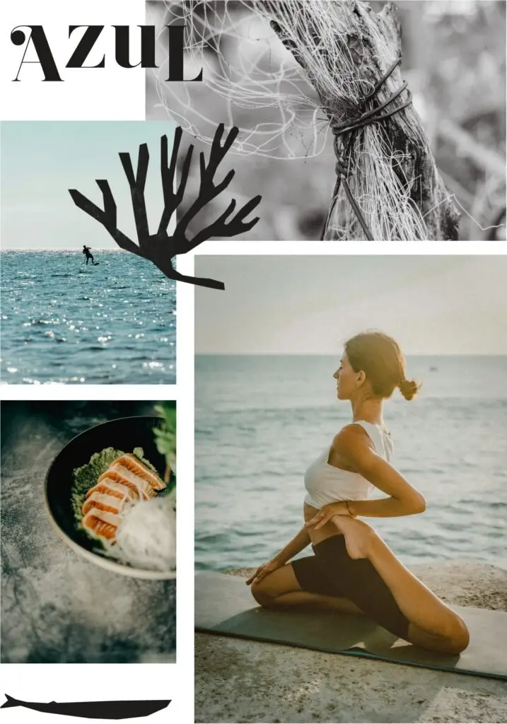 Uma colagem mostra uma mulher praticando ioga à beira-mar, um paddleboarder no oceano, uma vista detalhada de uma corda amarrada e um prato com salmão e verduras. Silhuetas negras de corais e uma baleia adornam a obra de arte, com “Azul” em destaque no topo, inspirado nas luxuosas casas à beira-mar de Trancoso e Arraial d’Ajuda.