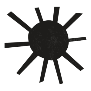 Un design minimaliste mettant en vedette une silhouette noire du soleil avec un centre circulaire et huit rayons triangulaires rayonnant vers l'extérieur, rappelant les maisons de plage haut de gamme de Trancoso et d'Arraial d'Ajuda.