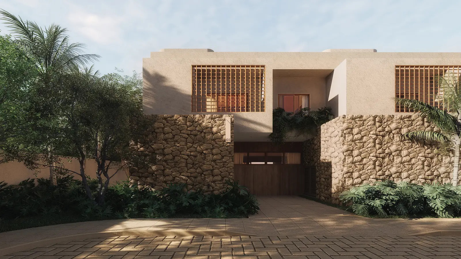 Casa de praia luxuosa em Trancoso ou Arraial d'Ajuda com dois andares, paredes de pedra e gesso, grades de madeira na varanda, vegetação exuberante e uma entrada de garagem pavimentada sob um céu parcialmente nublado - exemplificando casas de praia de alto padrão.