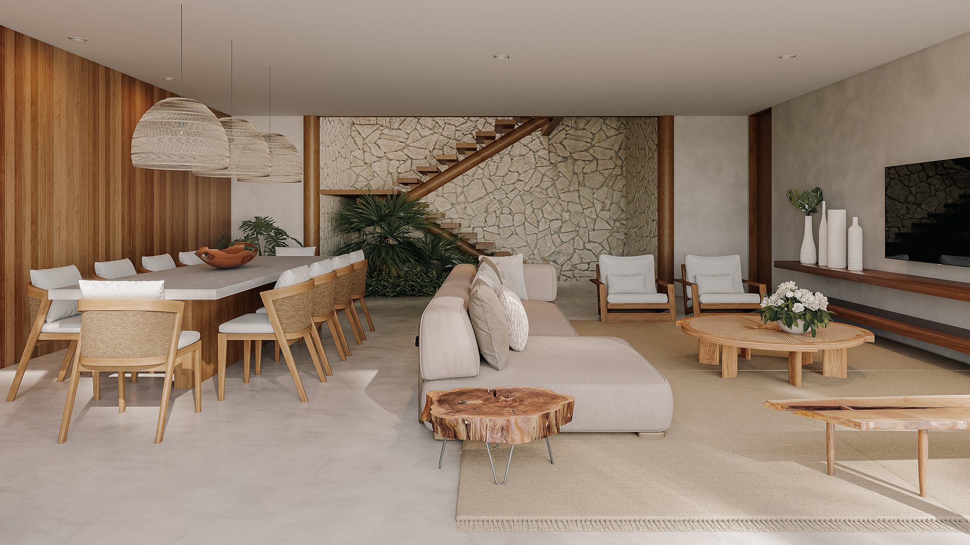 Espaço aberto sofisticado em estilo casas de praia de alto padrão, Trancoso e Arraial d'Ajuda; tons neutros, madeira, plantas.